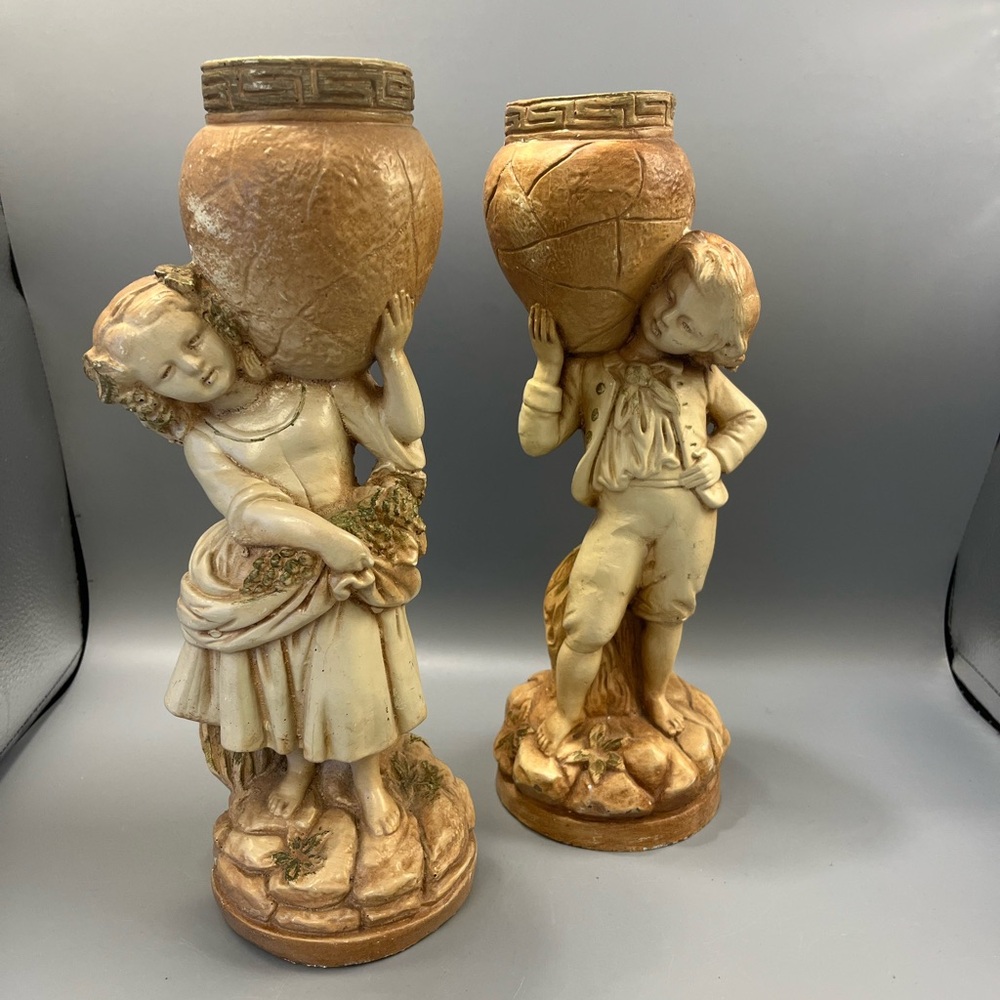 Vintage 2 MARWAL NY Plaster Of Paris Boy & Girl Holding Open Pots LG Statues 12”